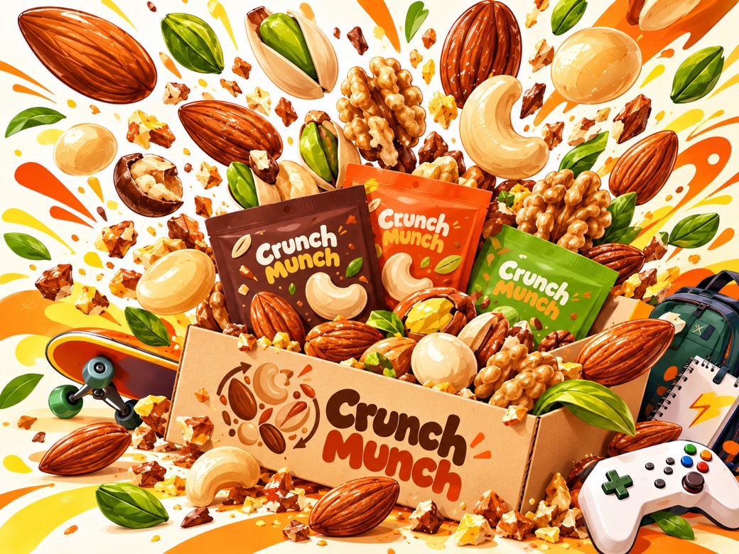 段ボールの箱からはじけ出す色とりどりのナッツと、Crunch Munchの袋。まわりにスケートボードやゲームのコントローラー